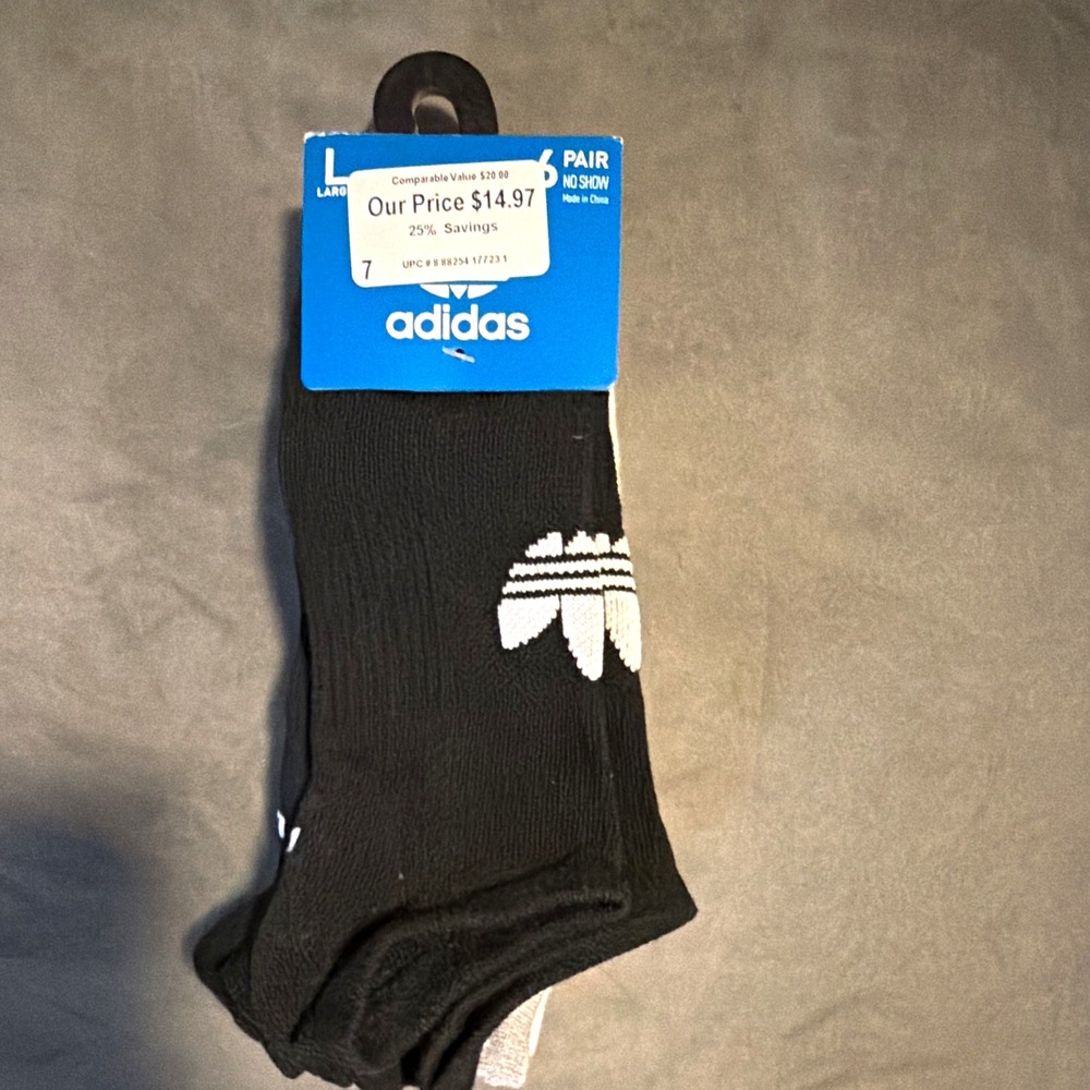 adidas Trefoil No-Show Athletic Socks 6 Pairs Size L Black White Gray